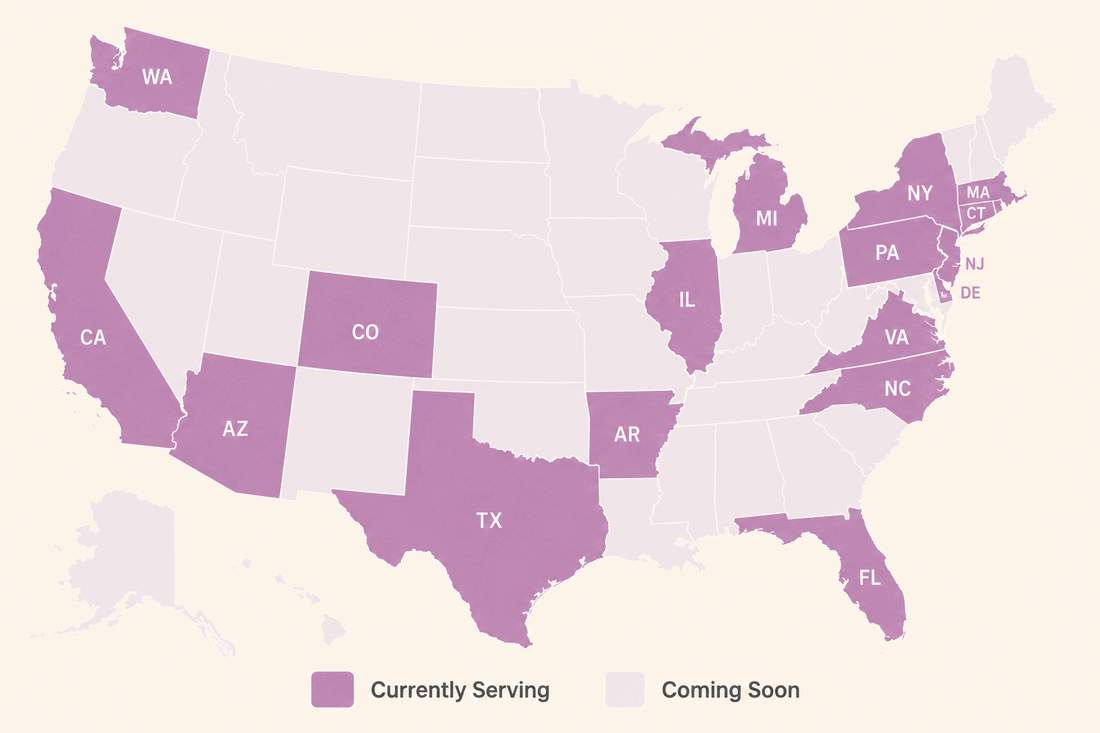 Map of the 17 states where Your Latina Nutritionist serves patients